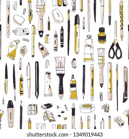 Realistic seamless pattern with stationery, writing utensils, drawing tools or art supplies hand drawn on white background. Vector illustration in vintage style for wrapping paper, fabric print.