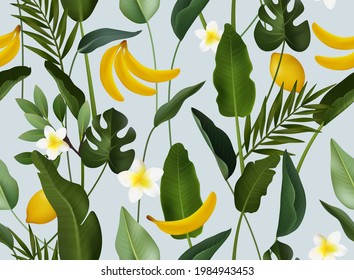 Realistic seamless pattern with tropical leaves and fruits. Vector seamless illustration 