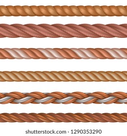 Realistic seamless rope and nautical cables vector set isolated on white background