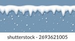 Realistic seamless snow cap with falling snow flakes isolated on a blue background. Vector 3D illustration.