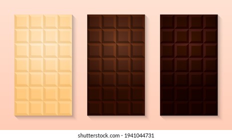 Realistic seamless texture with white, milk and black chocolate bar, vector illustration 10EPS