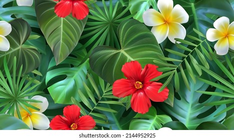 Realistic seamless tropical pattern with exotic leaves and flowers. Vector illustration