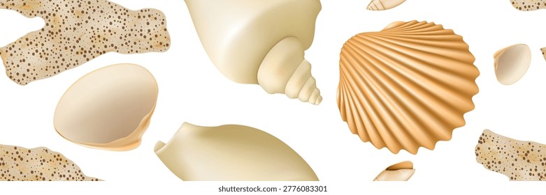 Realistic Seashell Seamless Pattern, Clam Mollusc Shells Print. 3d Vector Sea Shells Illustration