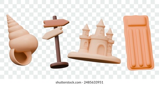 Realistic seashell, sign post, sandcastle, swimming mattress. Isolated vector elements