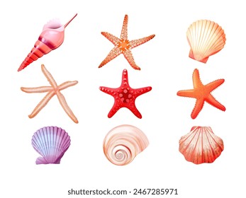 Realistic seashells starfish. 3d star fish clam conch seashell coastal beach travel elements, sea shells underwater aquarium marine animal mollusk scallop vector illustration of marine ocean shell