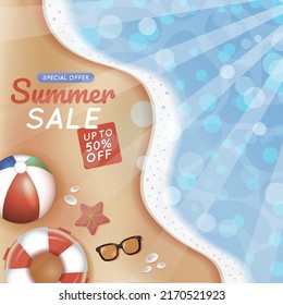 Realistic Seaside Beach with Ball, Lifebuoy Ring, Eyeglasses, Starfish Summer Sale Discount Background