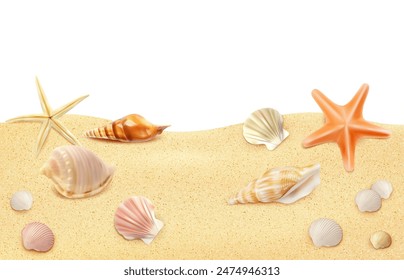 Realistic seaside beach sand top view, seashells and starfish on sandy shore. Vector summer frame with sea conches view from above. Tropical ocean shoreline texture, border for vacation holiday memory