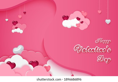 Realistic seasonal background for Valentine's day. Lovely and cute heart shapes and clouds. Pink color background. Vector illustration.