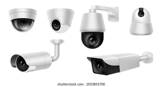 Realistic security cam set, cctv video camera, street observe surveillance equipment front and side angle view isolated. Secure guard eye and crime prevention concept. 3d vector illustration