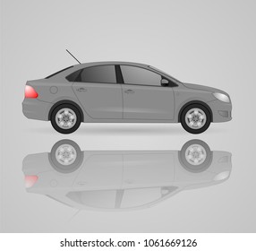 Realistic sedan car model. The ability to easily change the color. vector realistic car sedan illustration. Side view. Grey body color. Auto realistic car sedan service. Repair. Wash. Service.
