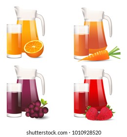 Realistic selection of jars and glasses with fruit juices. Vector illustration