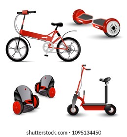 Realistic self-balancing gyro two-wheeled board scooter or hoverboard 3 colorful sets transparent background vector illustration