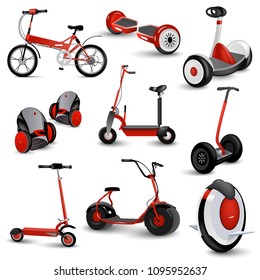 Realistic self-balancing gyro two-wheeled board scooter or hoverboard 3 colorful sets transparent background vector illustration