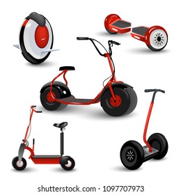 Realistic self-balancing gyro two-wheeled board scooter or hoverboard 3 colorful sets transparent background vector illustration