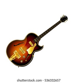 Realistic semi-acoustic musical instrument classical jazz guitar. Isolated object can be used with any image or text.