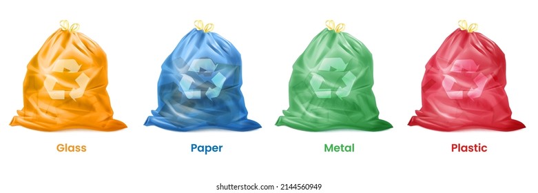 Realistic separate trash. 3D plastic sacks waste bag for util kitchen garbage, utility separators eco collect recycle environment rubbish handles package, vector illustration. Bin rubbish waste