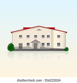 Realistic separately standing office building with beige plastered front and reflection. Bright contemporary facade with ramp and bushes. Vector illustration.