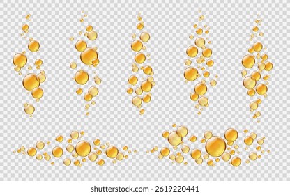 Realistic serum collagen yellow oil bubbles. Isolated 3d vector shiny drops with gold liquid, cosmetic pills or capsules. Oily vitamin essence fizzing droplets, balls set flying or floating in the air