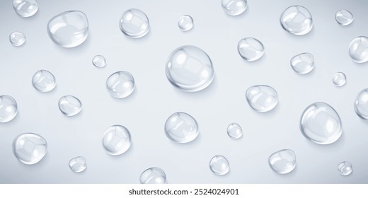 Realistische Serumtropfen. Flüssigkeitstropfen, Serum-, Gel- oder Kollagenstruktur. Hautpflege transparente Blasen. Hautpflege kosmetische Feuchtigkeitsflecken. Schönheitsprodukt. Realistischer Vektor