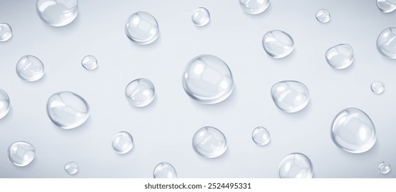 Realistische Serumtropfen. Flüssigkeitstropfen, Serum-, Gel- oder Kollagenstruktur. Hautpflege transparente Blasen. Hautpflege kosmetische Feuchtigkeitsflecken. Schönheitsprodukt. Realistischer Vektor