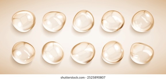 Gotas séricas realistas. Gotas líquidas, textura de soro, gel ou colágeno. Bolhas transparentes de cuidados da pele. Manchas de hidratação cosmética para cuidados com a pele. Produto de beleza. Ilustração vetorial