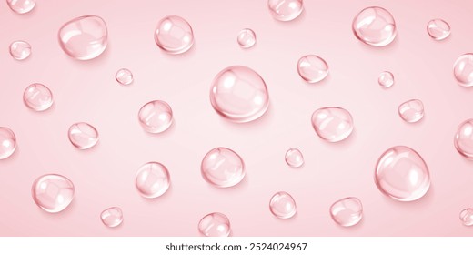 Gotas de suero realistas sobre fondo rosa. Gotas líquidas, suero, gel o textura de colágeno. Cuidado de la piel burbujas transparentes. Manchas de hidratación cosmética para el cuidado de la piel. Producto de belleza. Vector realista