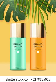 Realistic serum lotion bottle, cosmetics bottle set collection, tropical background, gold design package, cosmetics set packaging mockup, 3d summer tropical scene 