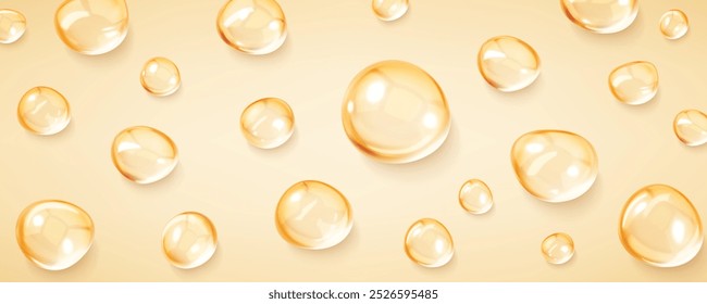 Gotas de aceite de suero realistas. Gotas líquidas, suero, gel o textura de colágeno. Cuidado de la piel burbujas transparentes. Manchas de hidratación cosmética para el cuidado de la piel. Producto de belleza. Ilustración vectorial