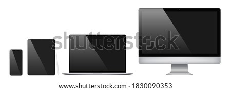 Realistic set of 2020 new design thin frame Computer monitor, laptop, tablet, smart phone - Eps 10 Vector template mock up.