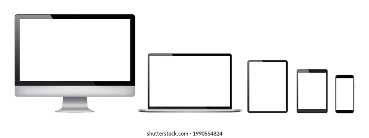 Realistic set of 2021 new design thin frame Computer monitor, laptop, tablet, smart phone - Eps 10 Vector template mock up.