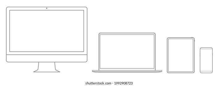 Realistic set of 2021 new design thin frame Computer monitor, laptop, tablet, smart phone - Eps 10 Vector template mock up.