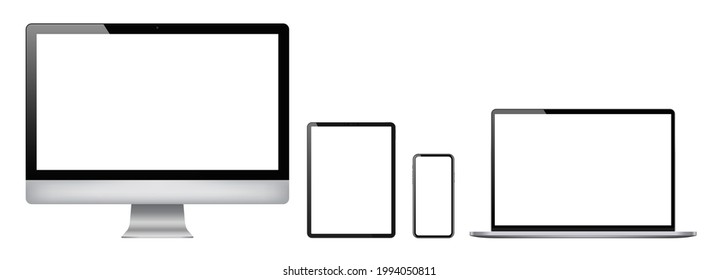 Realistic set of 2021 new design thin frame Computer monitor, laptop, tablet, smart phone - Eps 10 Vector template mock up.