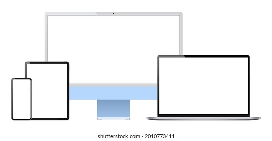 Conjunto realista de 2021 nuevo diseño de marco delgado Monitor de ordenador, portátil, tablet, teléfono inteligente - plantilla de vector Eps 10 se burla.