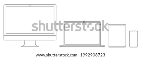 Realistic set of 2021 new design thin frame Computer monitor, laptop, tablet, smart phone - Eps 10 Vector template mock up.