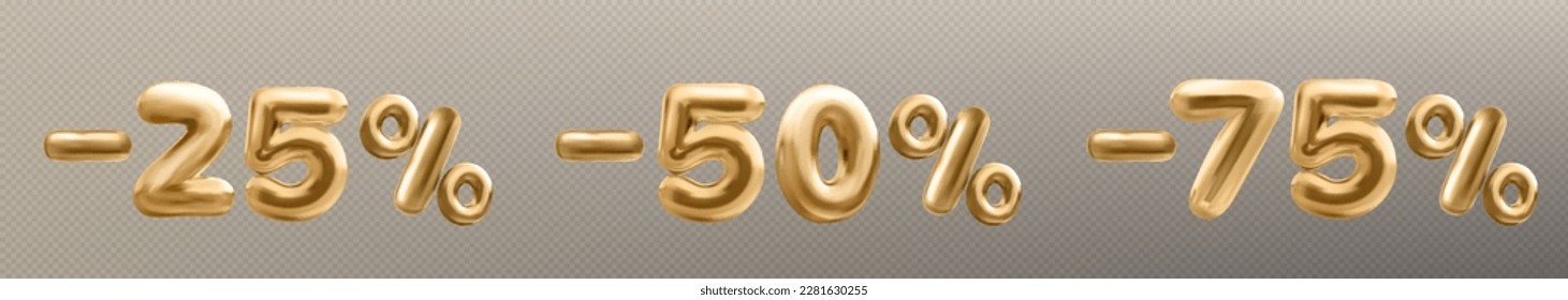 Realistic set of 25, 50, 75 percent off discount symbols isolated on transparent background. Vector illustration of golden air balloon numbers. Holiday season sale special offer, black friday shopping