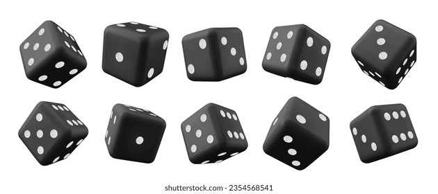 Realistic set of 3D black dice isolated on white background. Vector illustration of casino game cubes with dots on sides, symbol of gambling competition, chance to win, good luck and fortune, risk