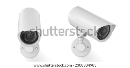 Realistic set of 3D CCTV cameras isolated on white background. Vector illustration of video cam. Modern equipment for home, office, enterprise, business security protection, crime prevention, spy tool