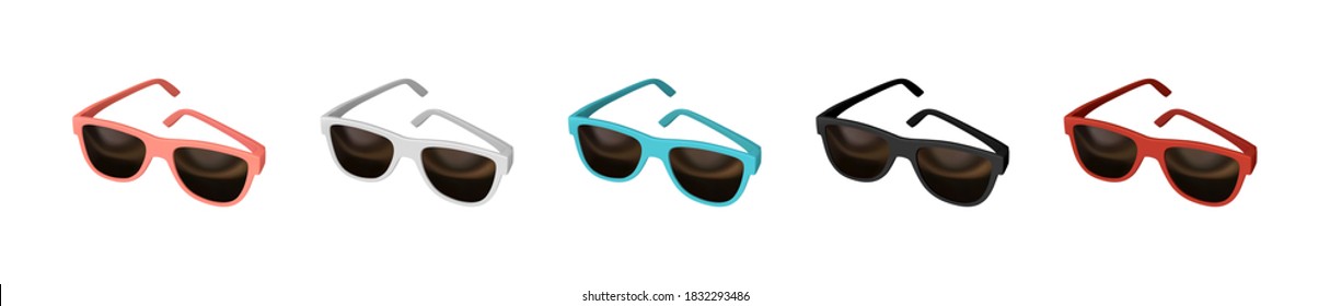 Realistic set of 3d fashion Sunglasses. Isolated on white background. Multicolored Glasses for men and women. Red and white, black and blue, brown pink color. Vector illustration.