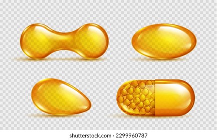 Realistic set of 3D fish oil capsules isolated on transparent background. Vector illustration of vitamin C, serum, omega, collagen essense pills with yellow substance. Beauty care product, medicine