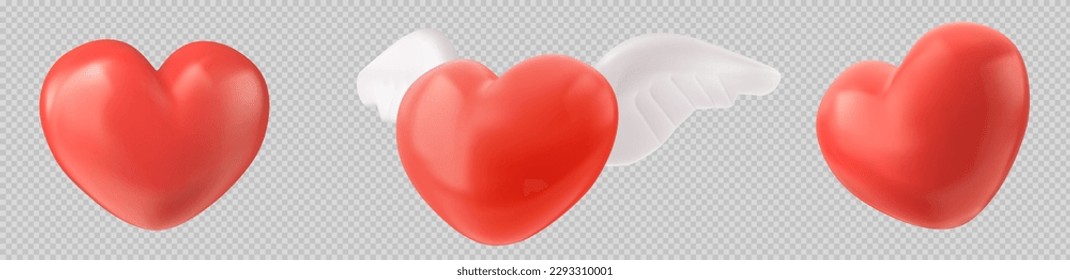 Realistic set of 3D hearts isolated on transparent background. Vector illustration of red symbols of love, romance, charity, health care and medicine. Like emoji design with and without angel wings