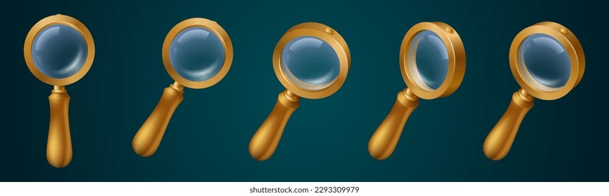 Conjunto realista de gafas de magnificación 3D aisladas en segundo plano. Ilustración vectorial de lente de lupa en marco dorado con mango. Herramienta para investigación científica, icono de análisis de datos de seo, búsqueda de información