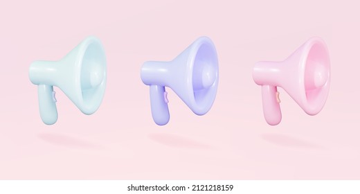 Megáfonos 3d realistas, altavoces de fondo rosado. Ilustración vectorial.