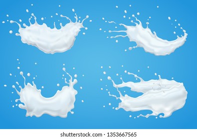 Realistic set of 3d milk splash and pouring, isolated on blue background.