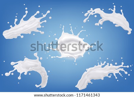 Realistic set of 3d milk splash and pouring, yogurt or cream, isolated on blue background.
