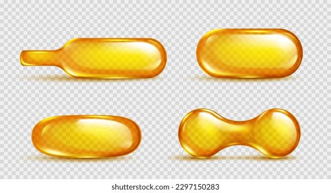 Realistic set of 3D oil capsules isolated on transparent background. Vector illustration of vitamin C, serum, omega, collagen essense pills with yellow substance. Beauty care product, medicine