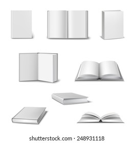 Realistic set of 3d open and closed books with blank white cover isolated vector illustration