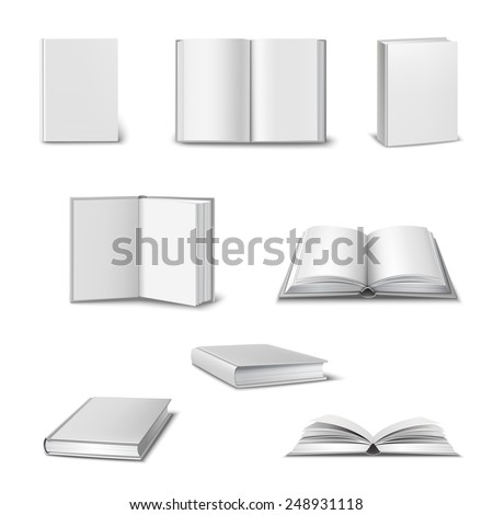 Realistic set of 3d open and closed books with blank white cover isolated vector illustration