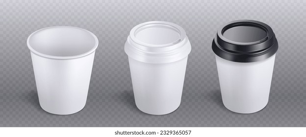 Realistic set of 3D paper cups isolated on transparent background. Vector illustration of disposable cardboard container for drink to-go with blank surface ready for branding, black and white lids