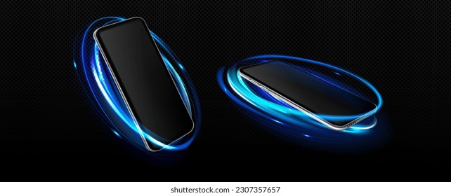 Realistic set of 3D smartphones with neon light effect isolated on transparent background. Vector illustration of mobile phone mockup with blank touchscreen in blue circle frame. Modern technology