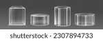 Realistic set of 3D transparent platforms isolated on background. Vector illustration of cube, cylinder, hexagon pedestal mockups, stands for cosmetic product presentation or award, empty containers